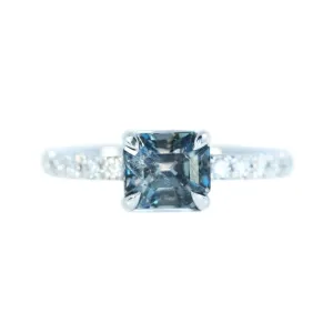 1.52ct Radiant Cut Grey Blue Spinel Ring with French Set Diamond Band in 14k White Gold