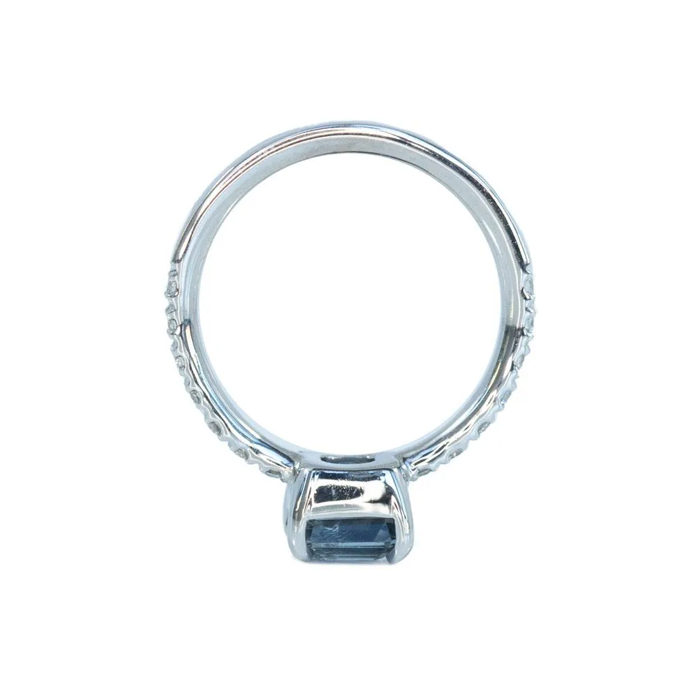 1.52ct Radiant Cut Grey Blue Spinel Ring with French Set Diamond Band in 14k White Gold