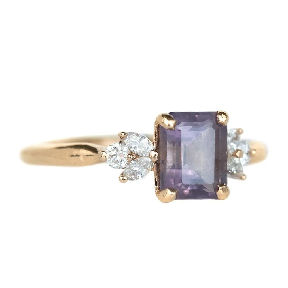 1.68ct Pink Emerald Cut Sapphire With Cluster Diamond Side Ring In 14k Rose Gold