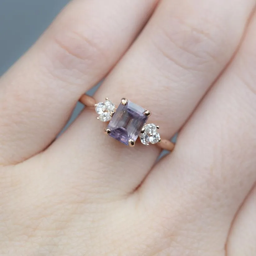 1.68ct Pink Emerald Cut Sapphire With Cluster Diamond Side Ring In 14k Rose Gold