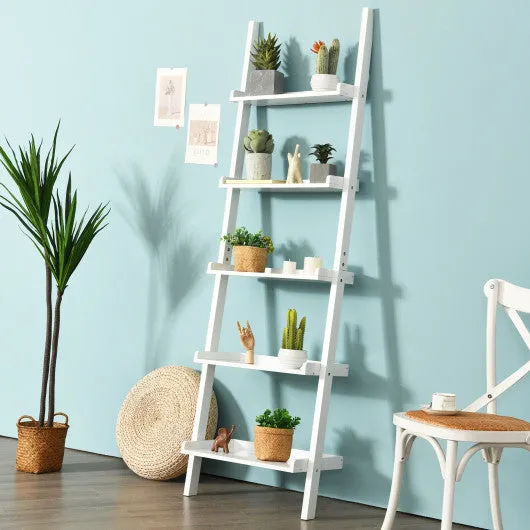 5-Tier Wall-leaning Ladder Shelf  Display Rack for Plants and Books-White