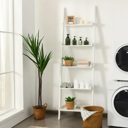 5-Tier Wall-leaning Ladder Shelf  Display Rack for Plants and Books-White
