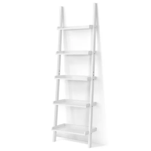 5-Tier Wall-leaning Ladder Shelf  Display Rack for Plants and Books-White