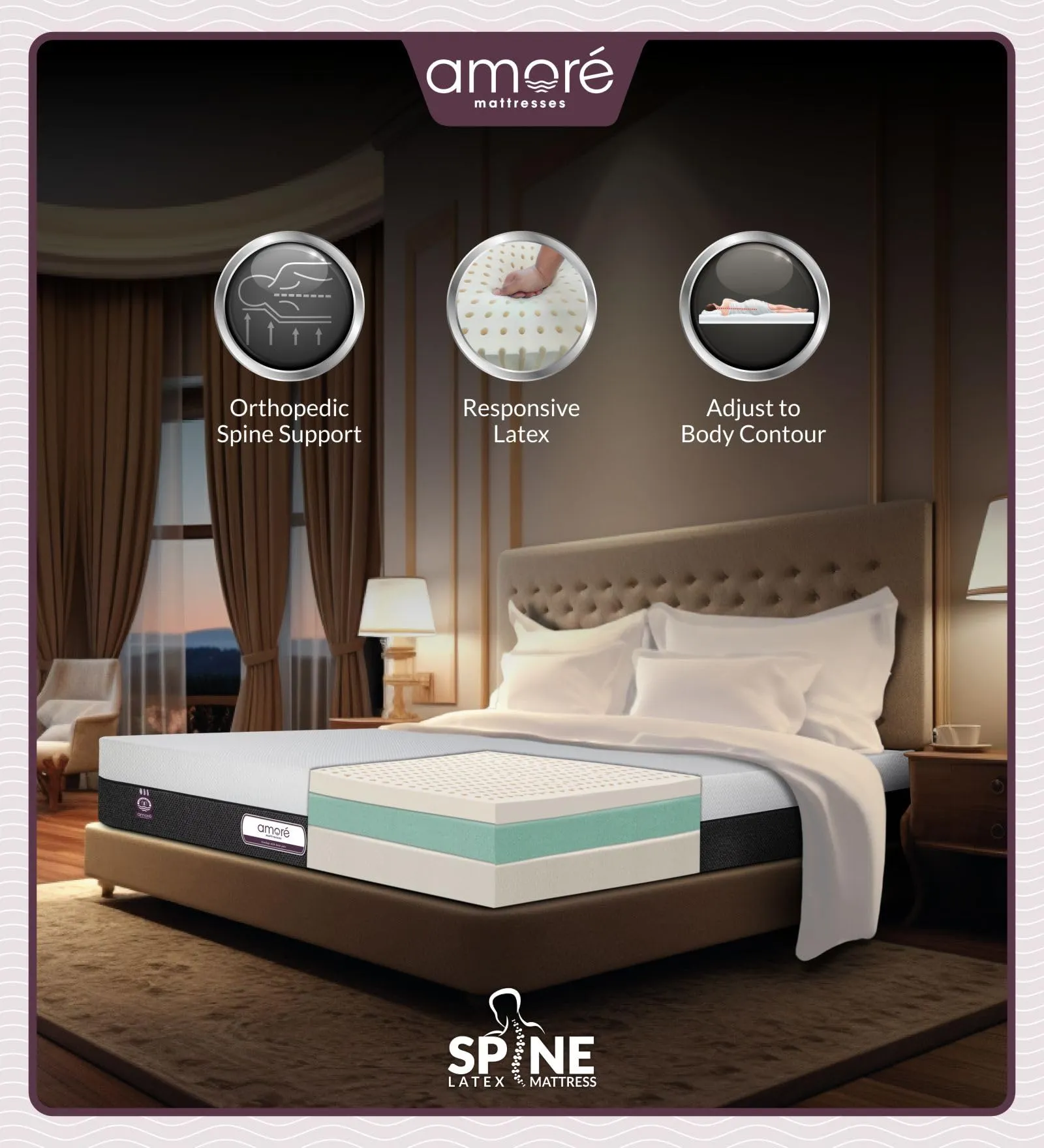 Amore Spine 100% Natural Pincore Latex & Green Tea Foam Orthopedic Mattress || 8 inch Bed Mattress || 72x36x8(Single Size)