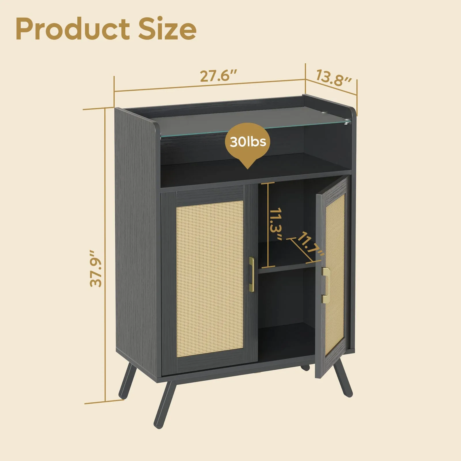 Bestier Black Rattan Storage Cabinet with Top Shelves and LED Accent Chest