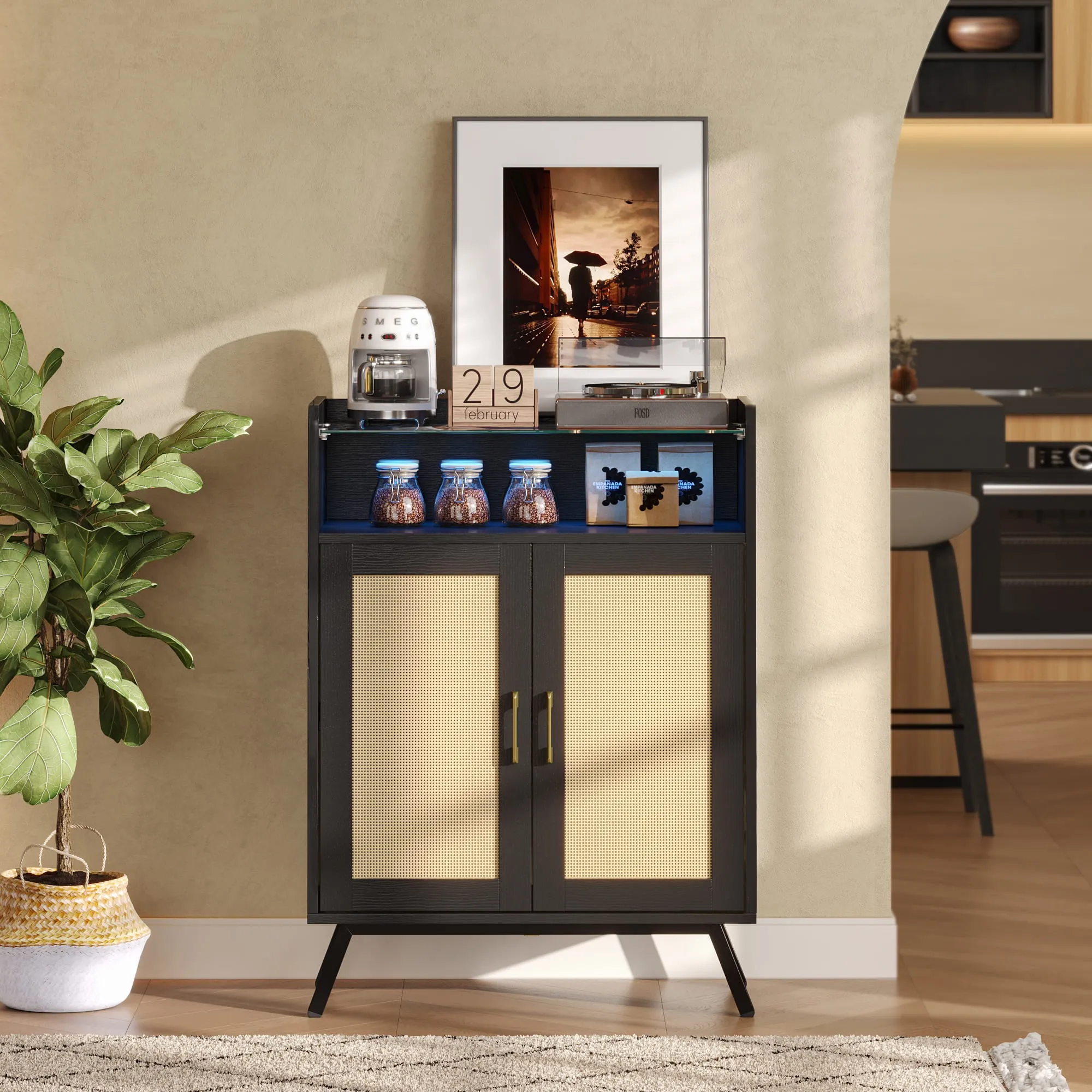 Bestier Black Rattan Storage Cabinet with Top Shelves and LED Accent Chest