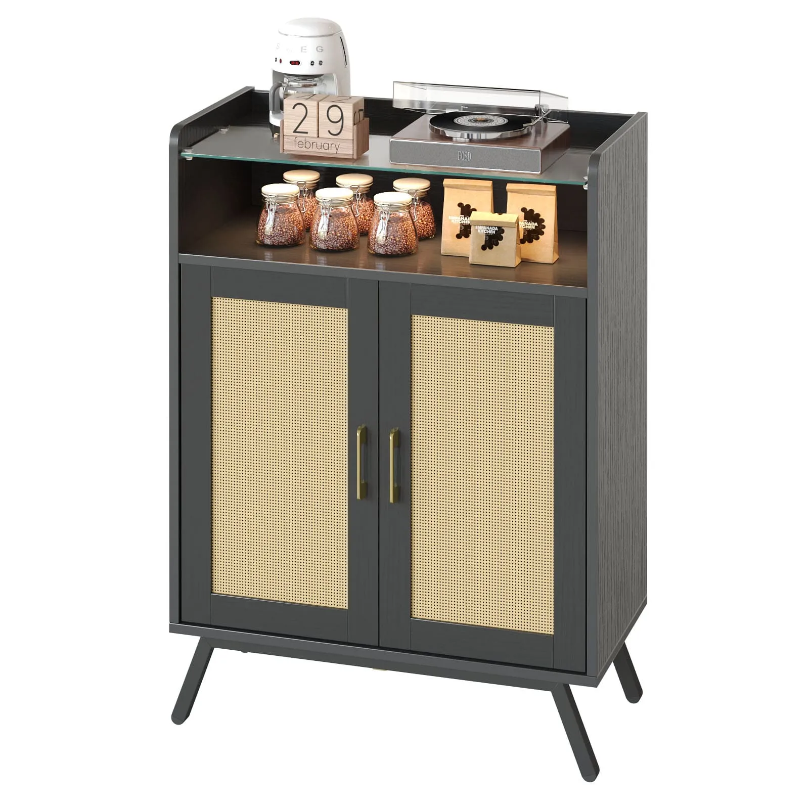 Bestier Black Rattan Storage Cabinet with Top Shelves and LED Accent Chest