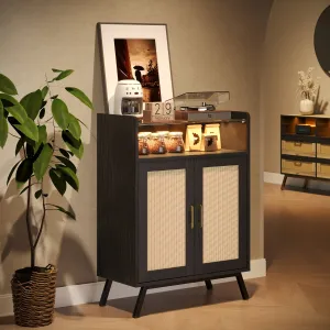Bestier Black Rattan Storage Cabinet with Top Shelves and LED Accent Chest