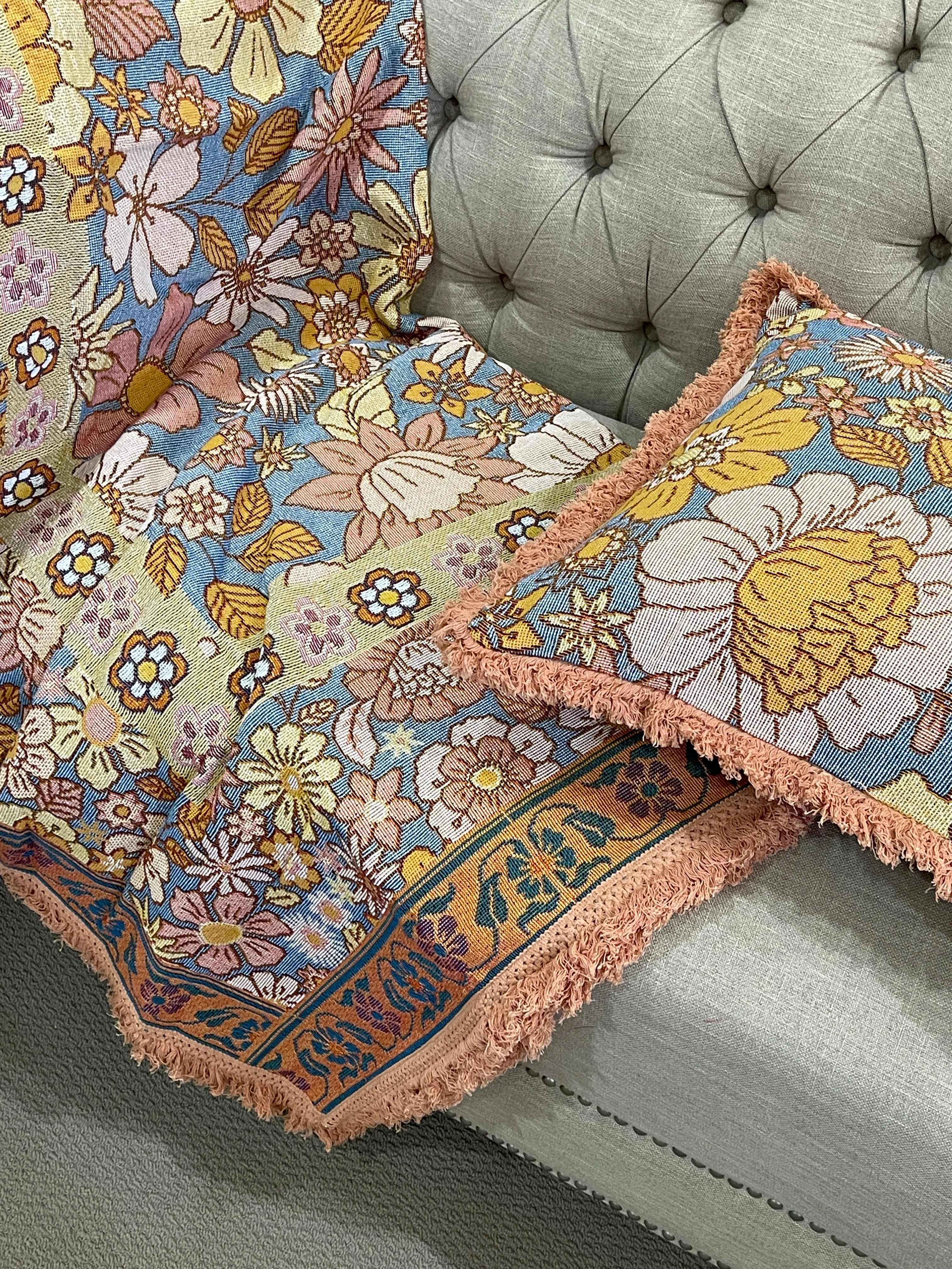 Blossom Elegance Cotton Reversible Tapestry Picnic Throw