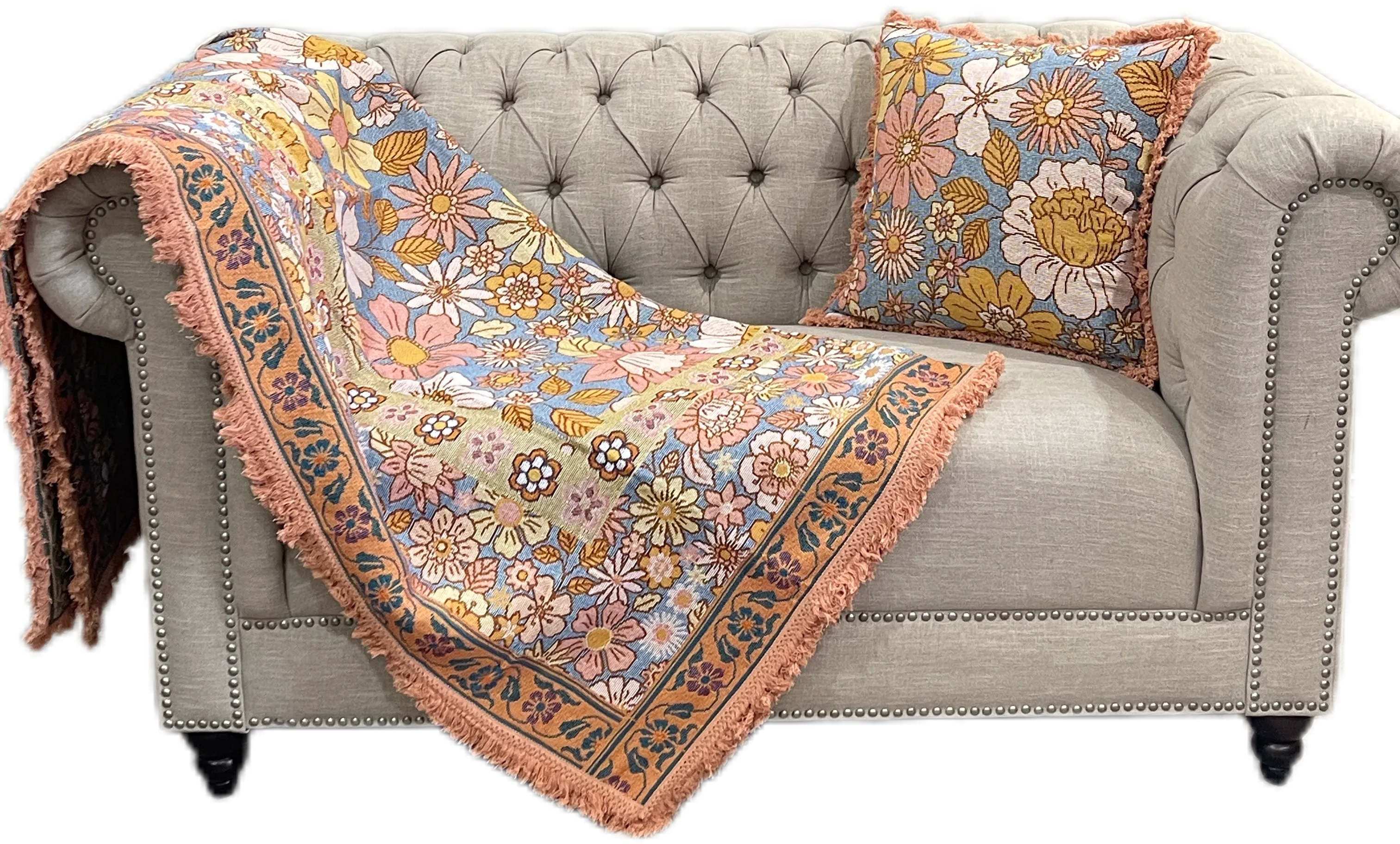 Blossom Elegance Cotton Reversible Tapestry Picnic Throw