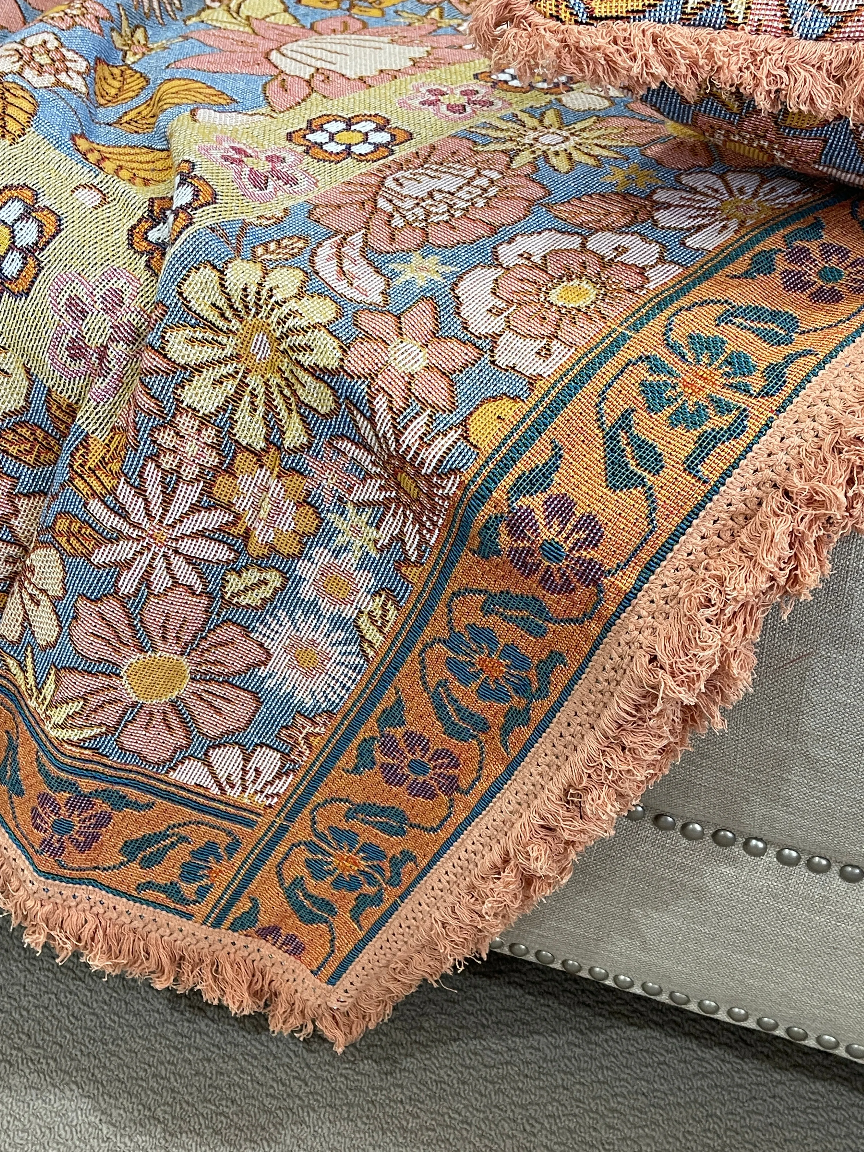 Blossom Elegance Cotton Reversible Tapestry Picnic Throw