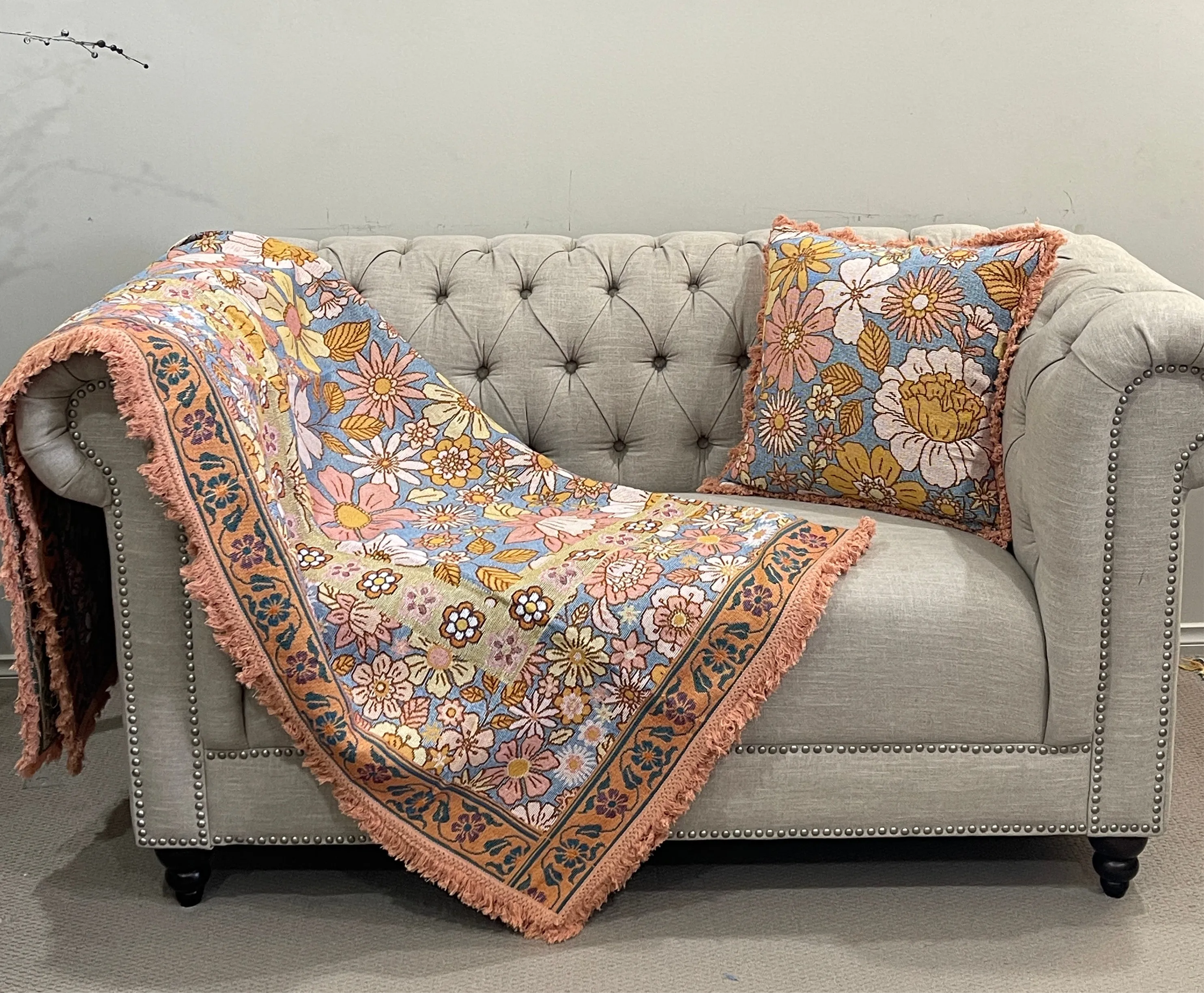 Blossom Elegance Cotton Reversible Tapestry Picnic Throw