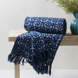 Blue Floral Cotton Block Print Throw For Home Decor