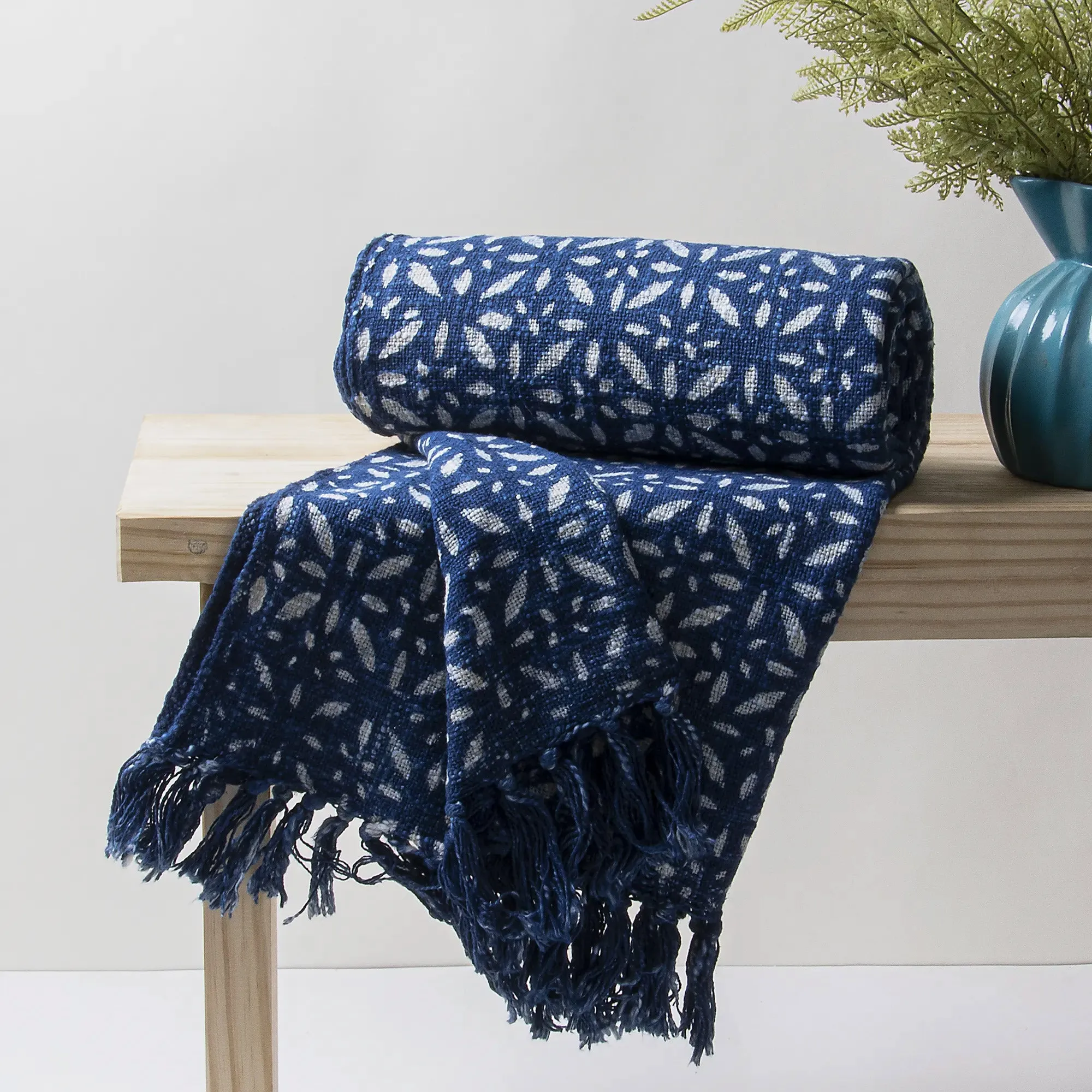 Blue Floral Cotton Block Print Throw For Home Decor