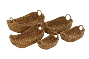 BROWN SEAGRASS HANDMADE STORAGE BASKET WITH METAL HANDLES,