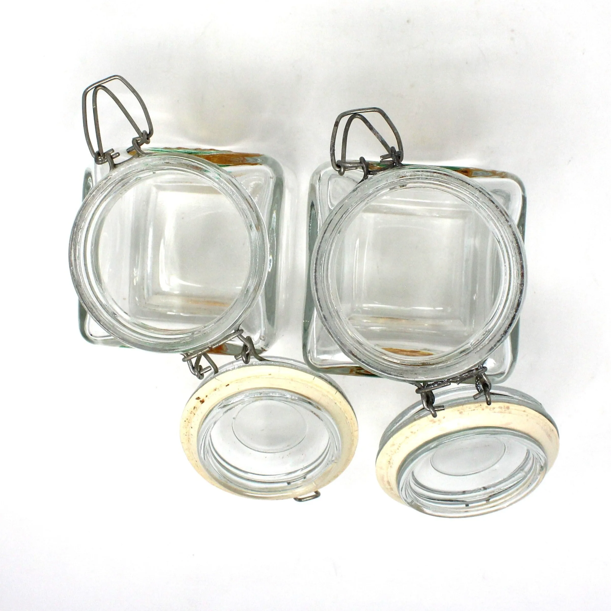 Canisters, Glass Jars with Embossed Hand Painted Pineapple. Wire Clasp Bail Lid, Set of 2, Vintage