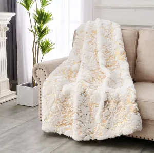 Cassilda Luxury Chinchilla-like Faux Fur White and Gold Throw Blanket