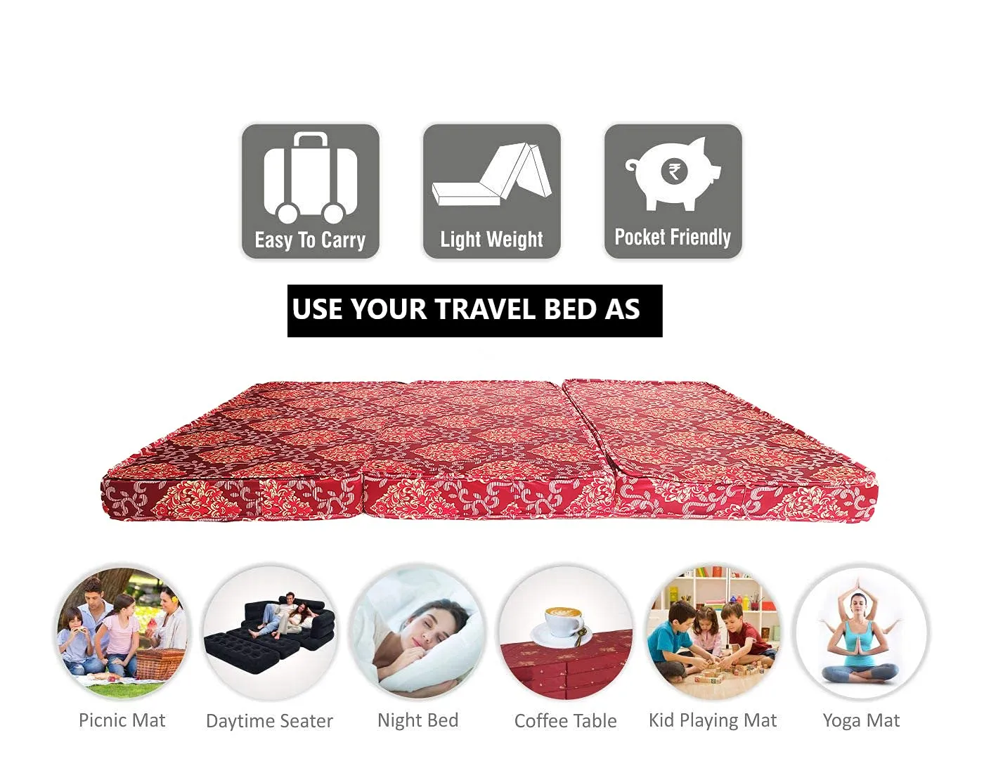 CH, COOL HOME Travel Bed 4-inch Soft Single Dual Comfort Folding Mattress (Red, Double)