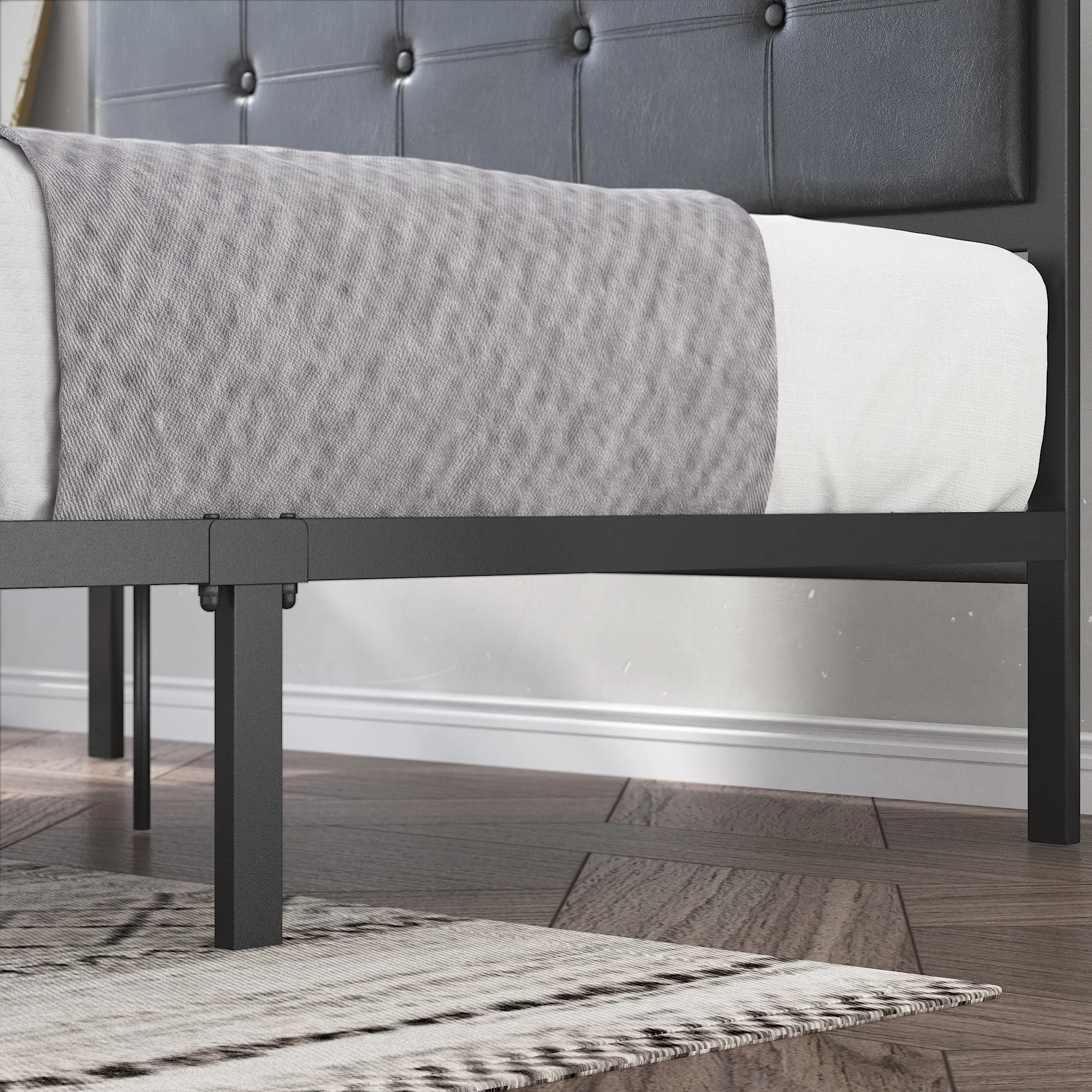 Cherie Metal Platform Bed Frame with Faux Leather Headboard