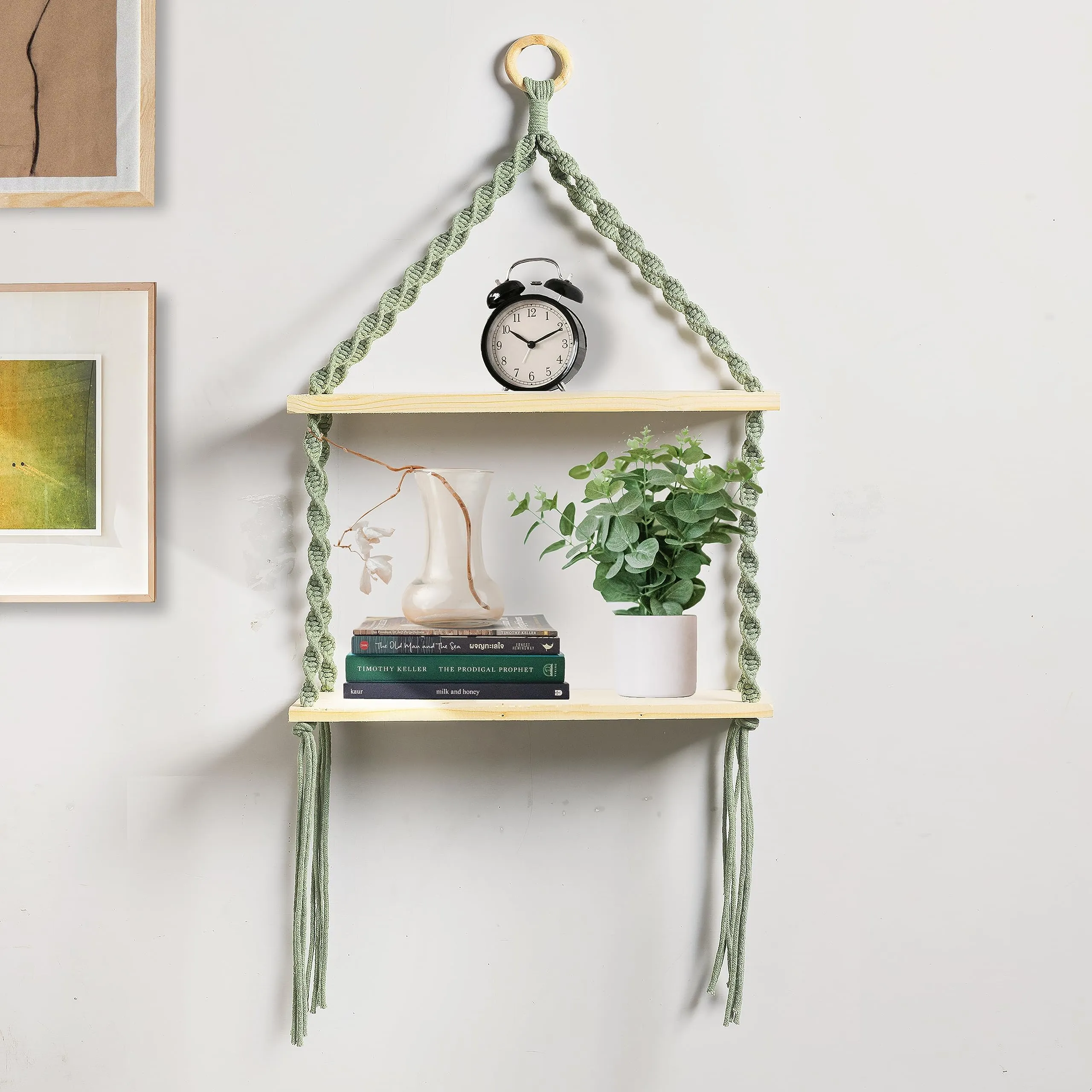 Decazone Macrame Wall Hanging Shelf; Cotton Rope Bohemian Woven Home Decor Handmade Boho Shelf with 2 Shelves for Plants and Decor; Tapestry Tassel Wall Floating Hanger for Home Decor | 91 x 40cm (Style 6)