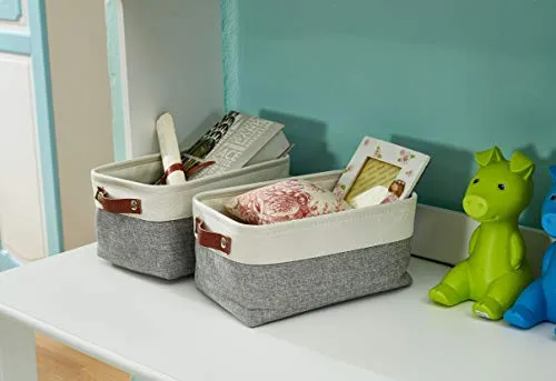 DECOMOMO Foldable Small Storage Bin | Rugged Canvas Fabric Basket Container W/ Leather Handles | Great for Organizing Closets, Offices, Nurseries and Homes (Grey and White, Small - 6 Pack)