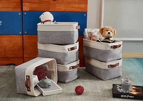 DECOMOMO Foldable Small Storage Bin | Rugged Canvas Fabric Basket Container W/ Leather Handles | Great for Organizing Closets, Offices, Nurseries and Homes (Grey and White, Small - 6 Pack)