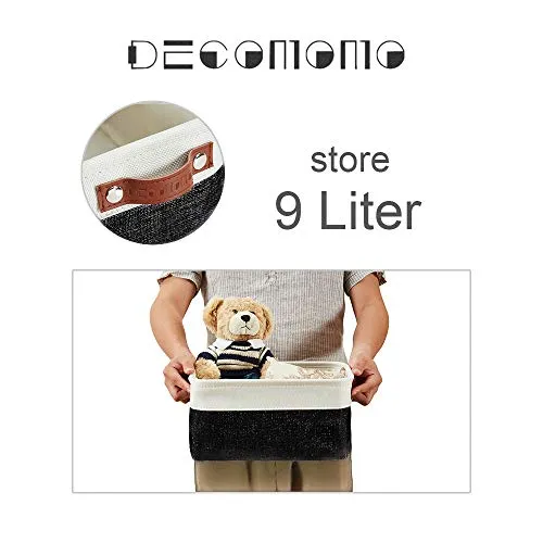 DECOMOMO Foldable Small Storage Bin | Rugged Canvas Fabric Basket Container W/ Leather Handles | Great for Organizing Closets, Offices, Nurseries and Homes (Grey and White, Small - 6 Pack)
