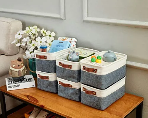 DECOMOMO Foldable Small Storage Bin | Rugged Canvas Fabric Basket Container W/ Leather Handles | Great for Organizing Closets, Offices, Nurseries and Homes (Grey and White, Small - 6 Pack)