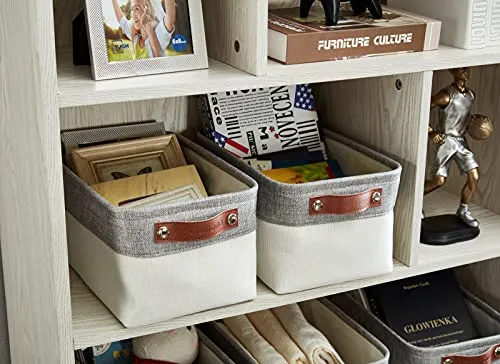 DECOMOMO Foldable Small Storage Bin | Rugged Canvas Fabric Basket Container W/ Leather Handles | Great for Organizing Closets, Offices, Nurseries and Homes (Grey and White, Small - 6 Pack)