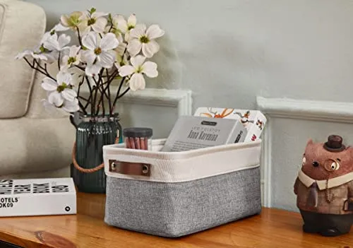 DECOMOMO Foldable Small Storage Bin | Rugged Canvas Fabric Basket Container W/ Leather Handles | Great for Organizing Closets, Offices, Nurseries and Homes (Grey and White, Small - 6 Pack)