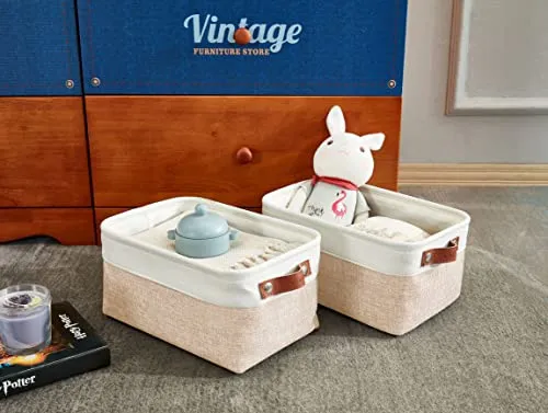 DECOMOMO Foldable Small Storage Bin | Rugged Canvas Fabric Basket Container W/ Leather Handles | Great for Organizing Closets, Offices, Nurseries and Homes (Grey and White, Small - 6 Pack)