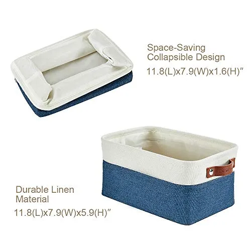 DECOMOMO Foldable Small Storage Bin | Rugged Canvas Fabric Basket Container W/ Leather Handles | Great for Organizing Closets, Offices, Nurseries and Homes (Grey and White, Small - 6 Pack)