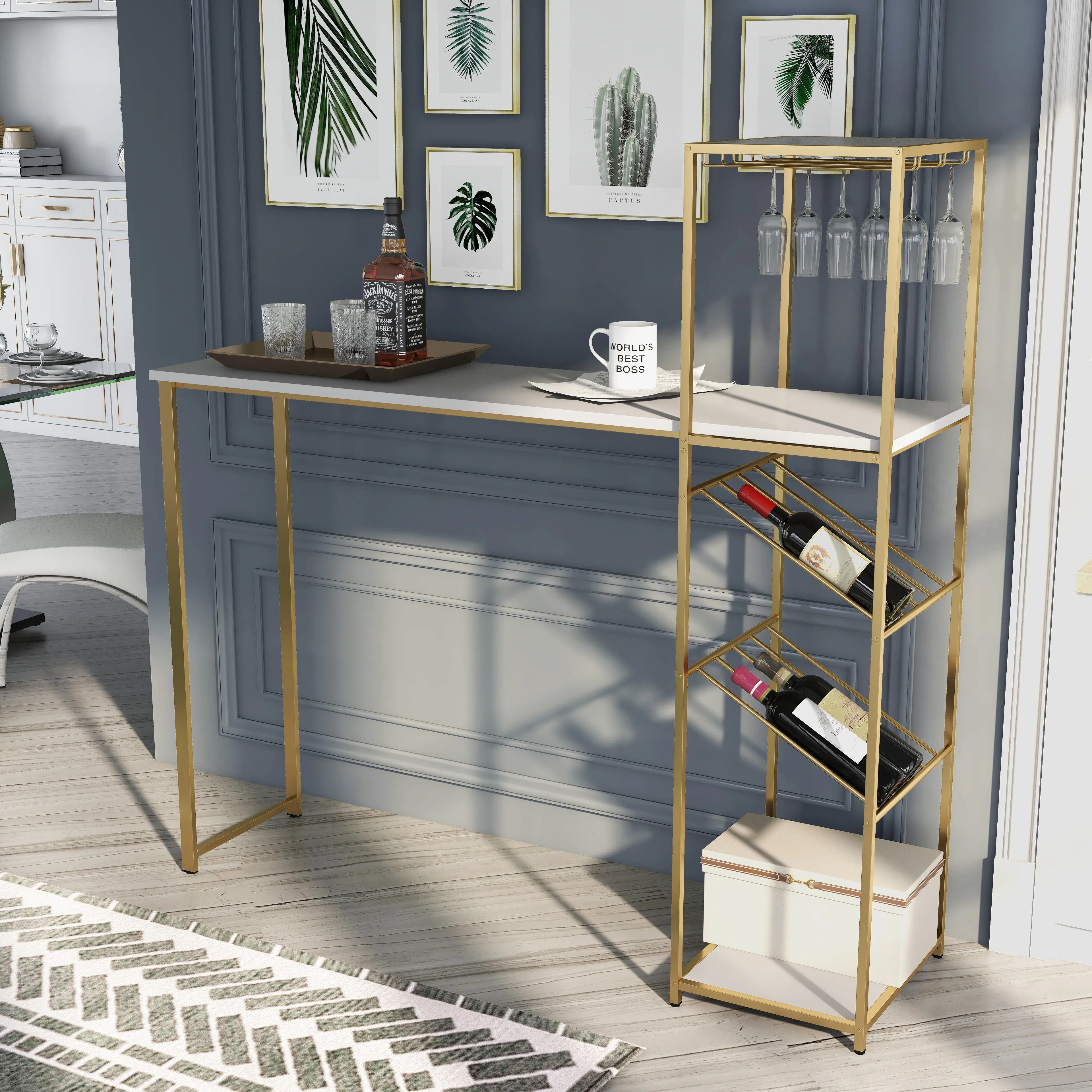 Emma Gloss-White on Gold Bar Table with 8-bottle Wine & Stemware Racks