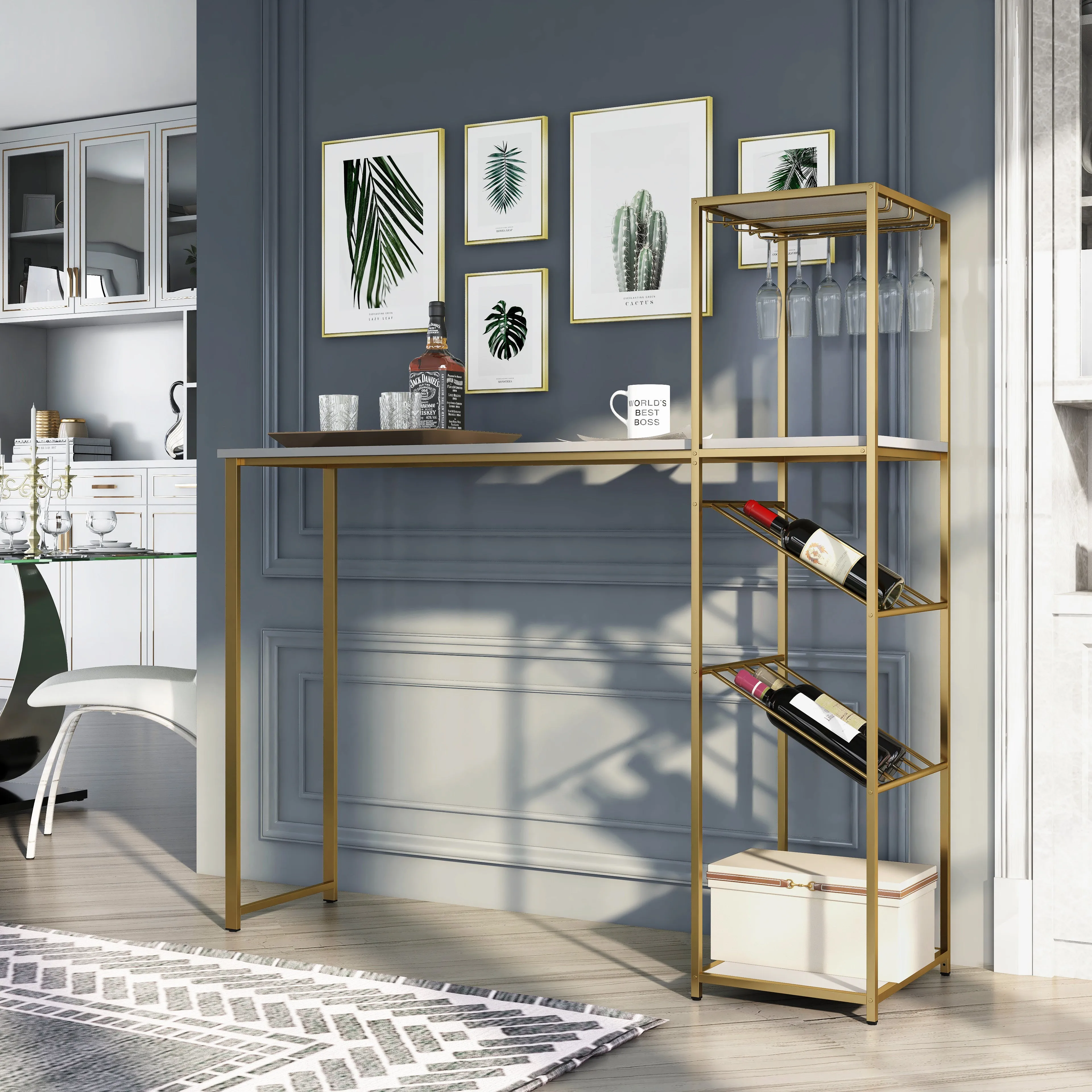 Emma Gloss-White on Gold Bar Table with 8-bottle Wine & Stemware Racks