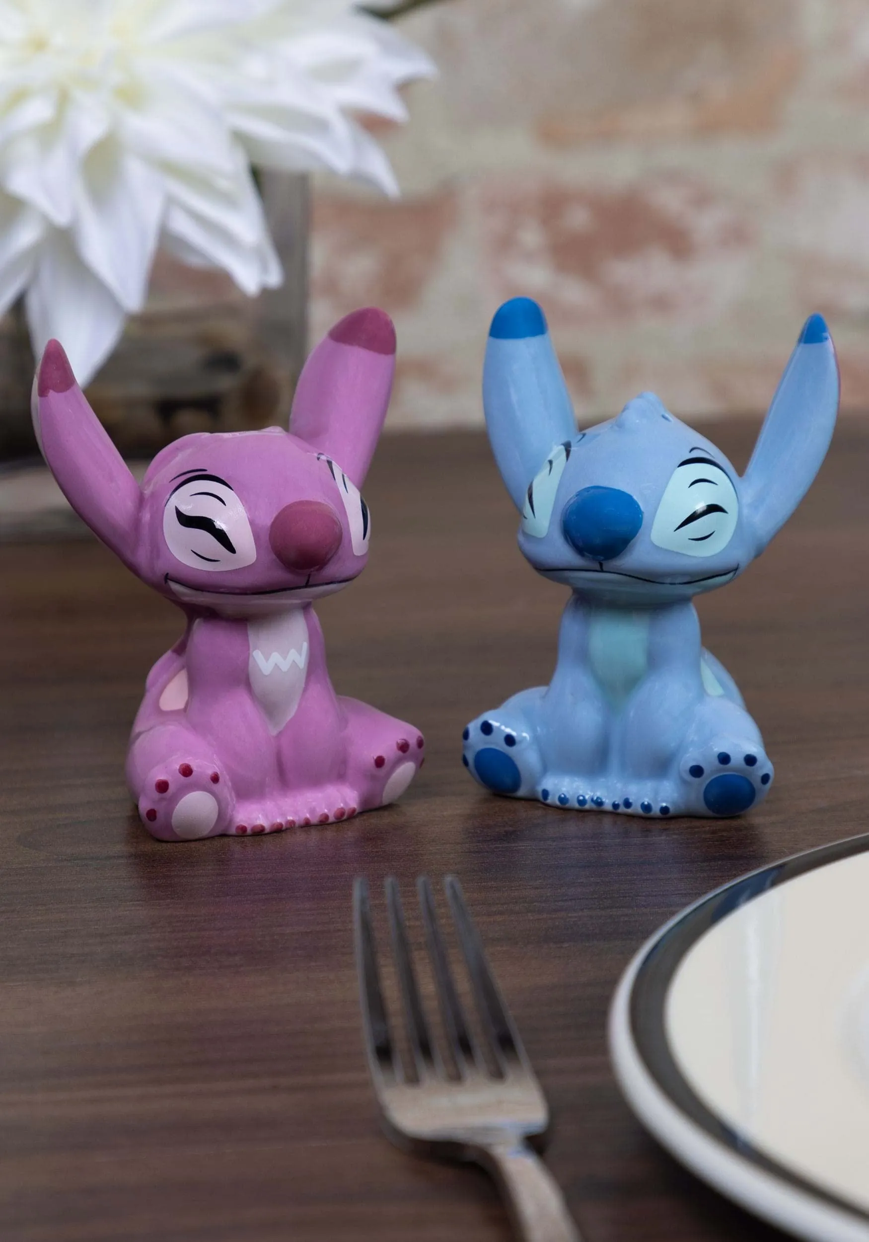 Enesco Disney Ceramics Stitch and Angel Salt and Pepper Shaker Set, 3.5 Inch, Multicolor