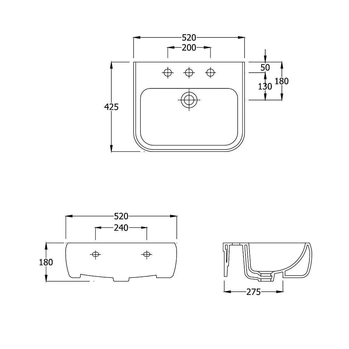 Frontline White Metro 520mm Semi-Recessed Basin - 1 Tap hole