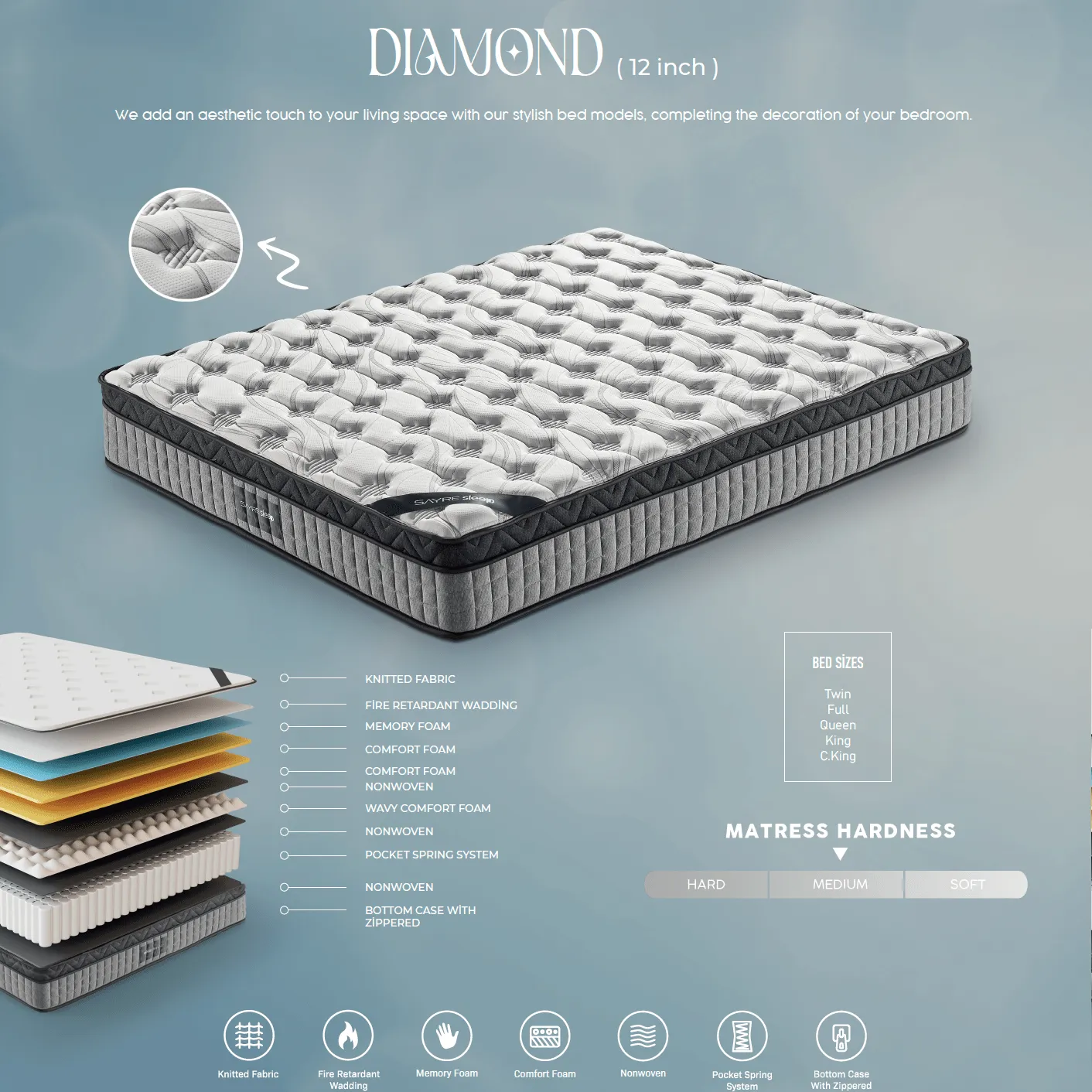 Full Mattress, 12" Diamond Hybrid Innerspring and Cool Gel Memory Foam, Medium