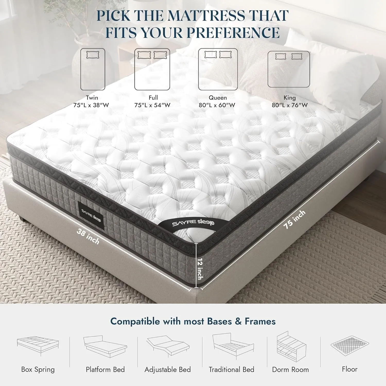 Full Mattress, 12" Diamond Hybrid Innerspring and Cool Gel Memory Foam, Medium