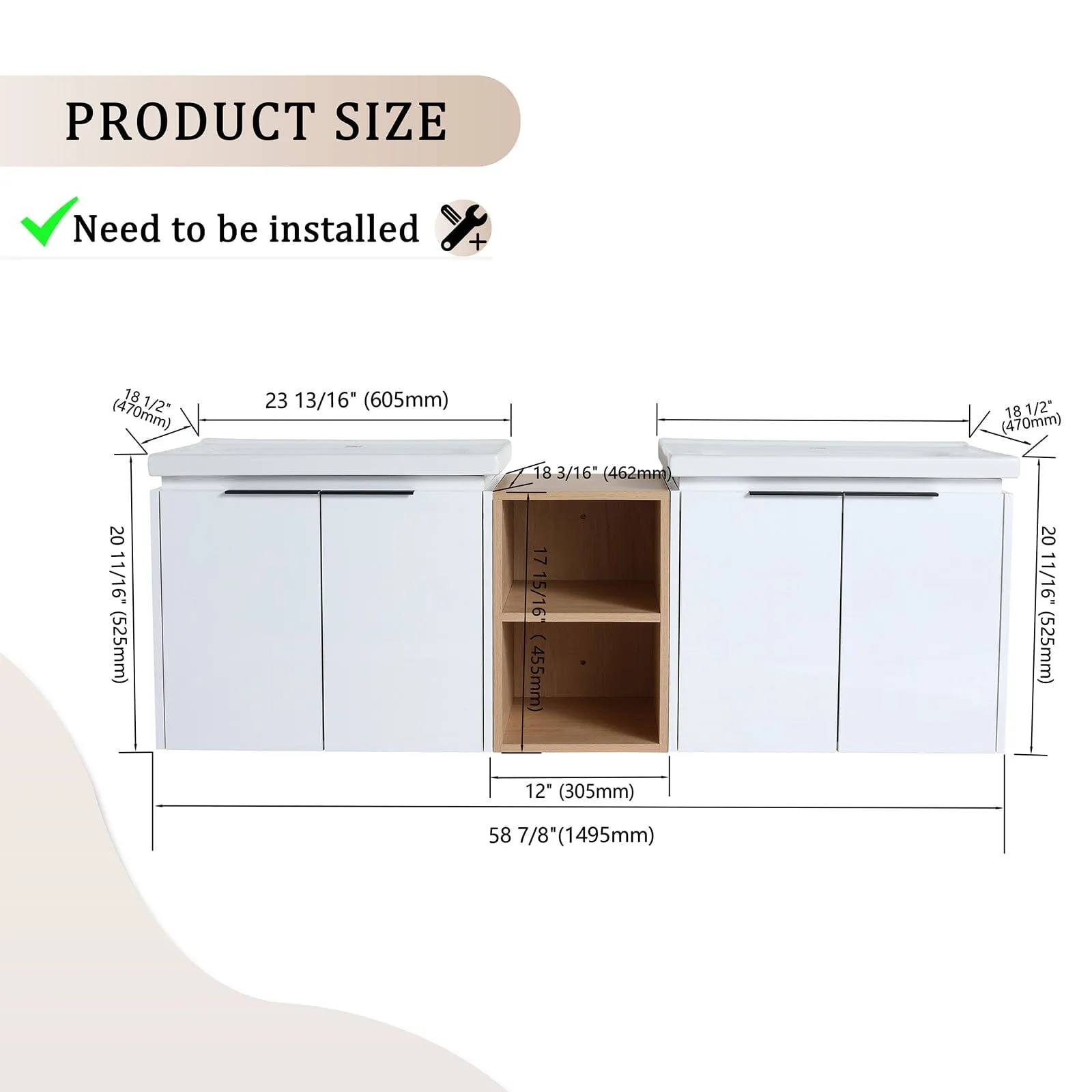 Giving Tree 60" Wall-mounted Bathroom Vanity with Sink and Storage Shelves