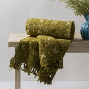 Green Floral Block Print Handcrafted Sofa Throw for Home Decor