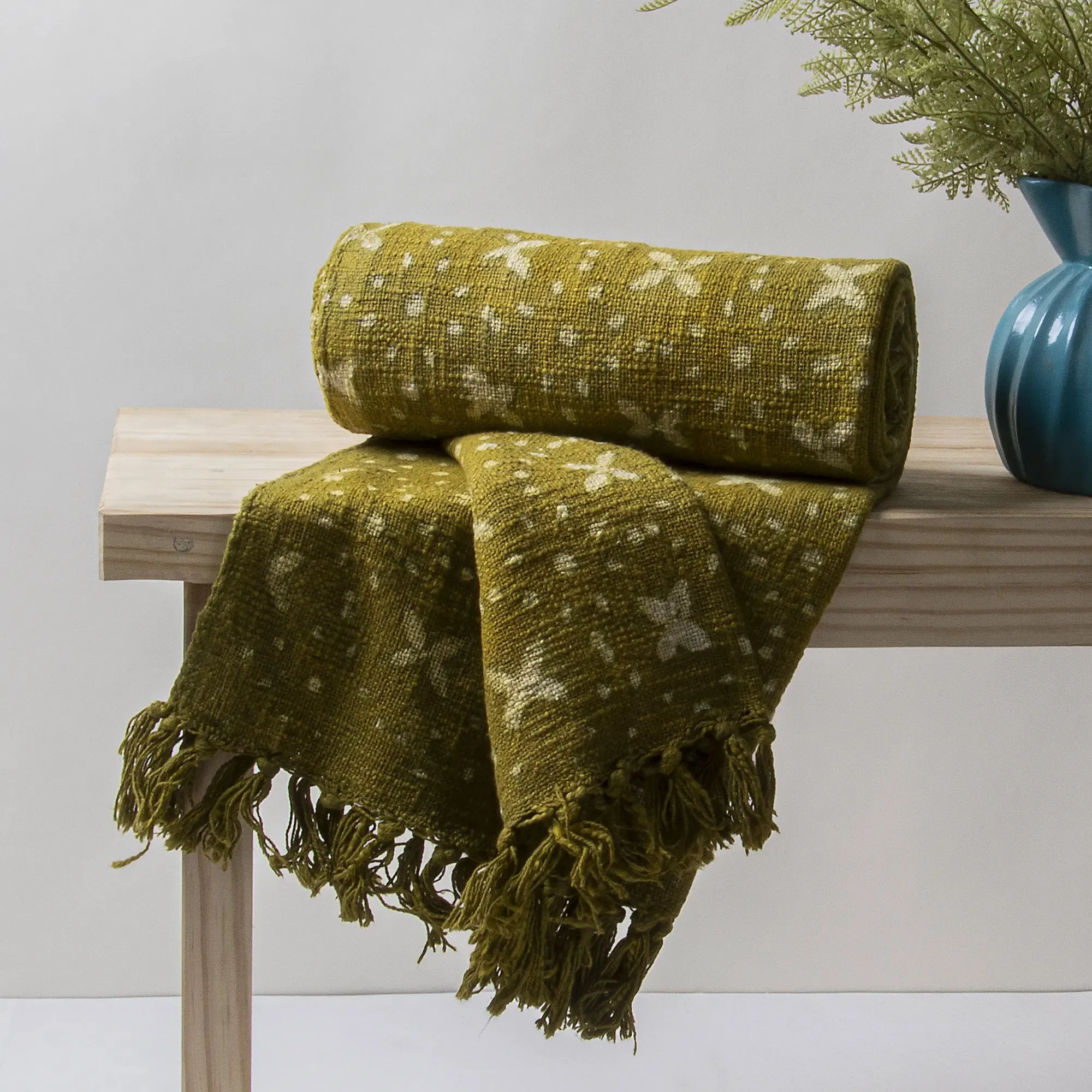 Green Floral Block Print Handcrafted Sofa Throw for Home Decor