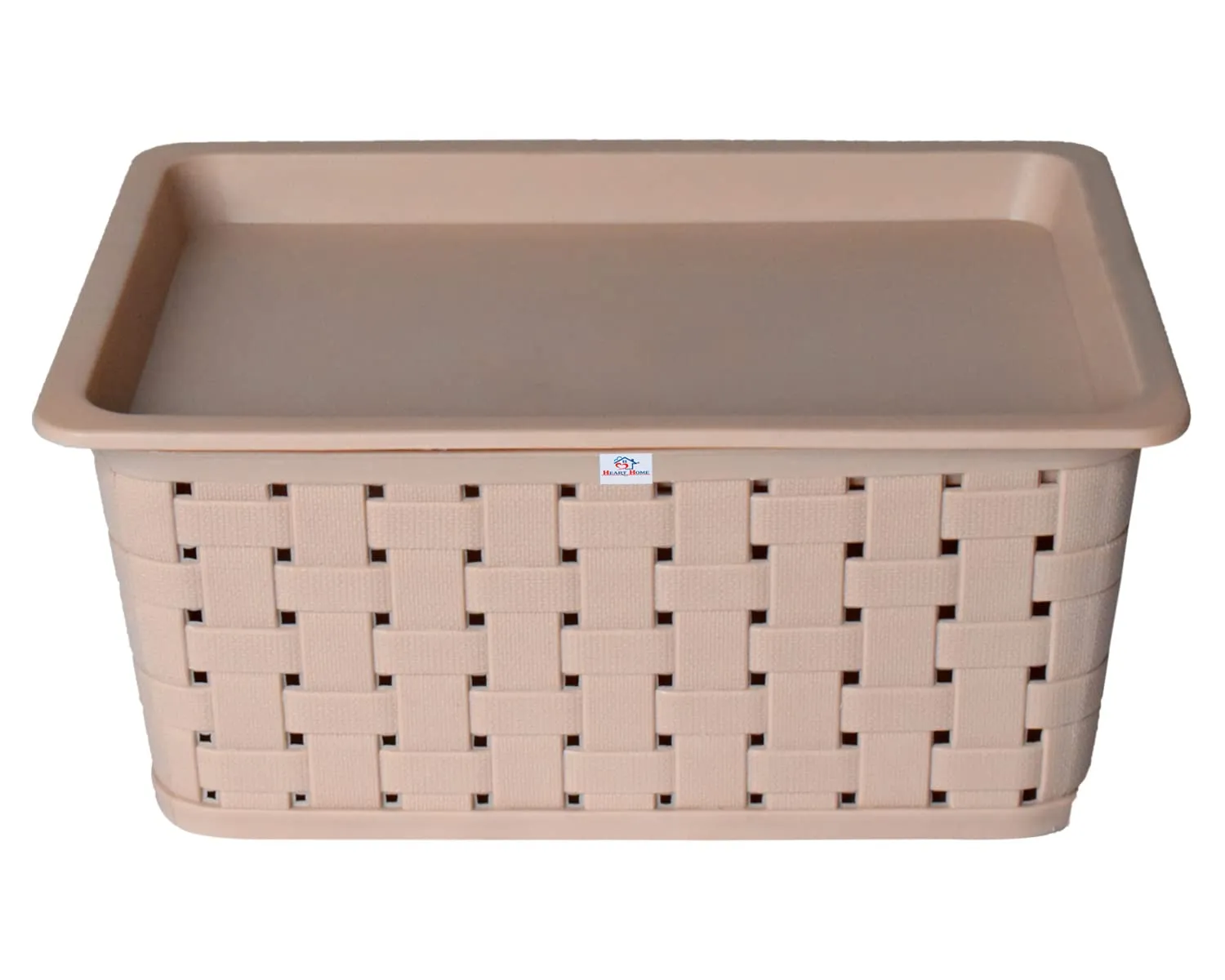 Heart Home BPA Free Attractive Design Multipurpose Large Trendy Storage Basket With Lid|Material-Plastic|Color-Light Brown|Pack of 1