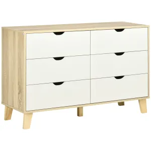 HOMCOM 6-Drawer Chest of Drawers - Sleek Scandinavian Storage Unit with Wood Legs, Ideal for Bedroom & Living Room, White & Light Brown