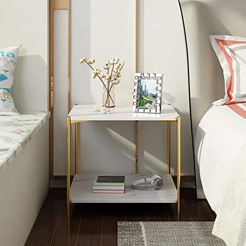 IOTXY Home Square Coffee Table - 15.7" Small 2-Tier End Table with Open Storage Shelf, White Wooden Table Top Gold Metal Frame Side Table
