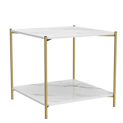 IOTXY Home Square Coffee Table - 15.7" Small 2-Tier End Table with Open Storage Shelf, White Wooden Table Top Gold Metal Frame Side Table