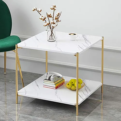 IOTXY Home Square Coffee Table - 15.7" Small 2-Tier End Table with Open Storage Shelf, White Wooden Table Top Gold Metal Frame Side Table