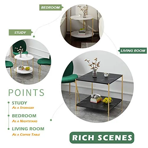 IOTXY Home Square Coffee Table - 15.7" Small 2-Tier End Table with Open Storage Shelf, White Wooden Table Top Gold Metal Frame Side Table