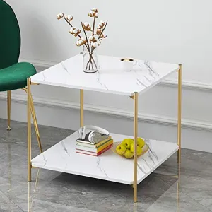 IOTXY Home Square Coffee Table - 15.7" Small 2-Tier End Table with Open Storage Shelf, White Wooden Table Top Gold Metal Frame Side Table