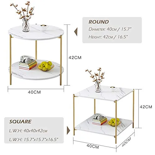 IOTXY Home Square Coffee Table - 15.7" Small 2-Tier End Table with Open Storage Shelf, White Wooden Table Top Gold Metal Frame Side Table