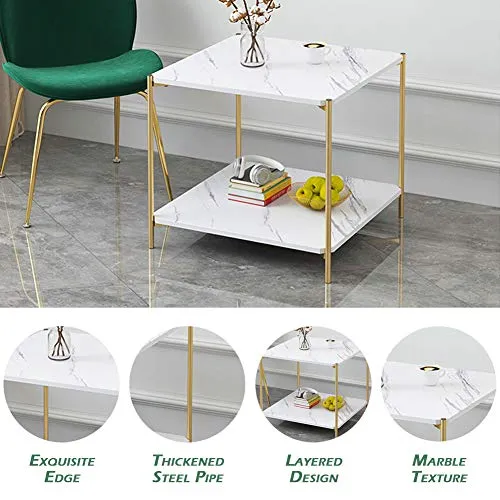 IOTXY Home Square Coffee Table - 15.7" Small 2-Tier End Table with Open Storage Shelf, White Wooden Table Top Gold Metal Frame Side Table